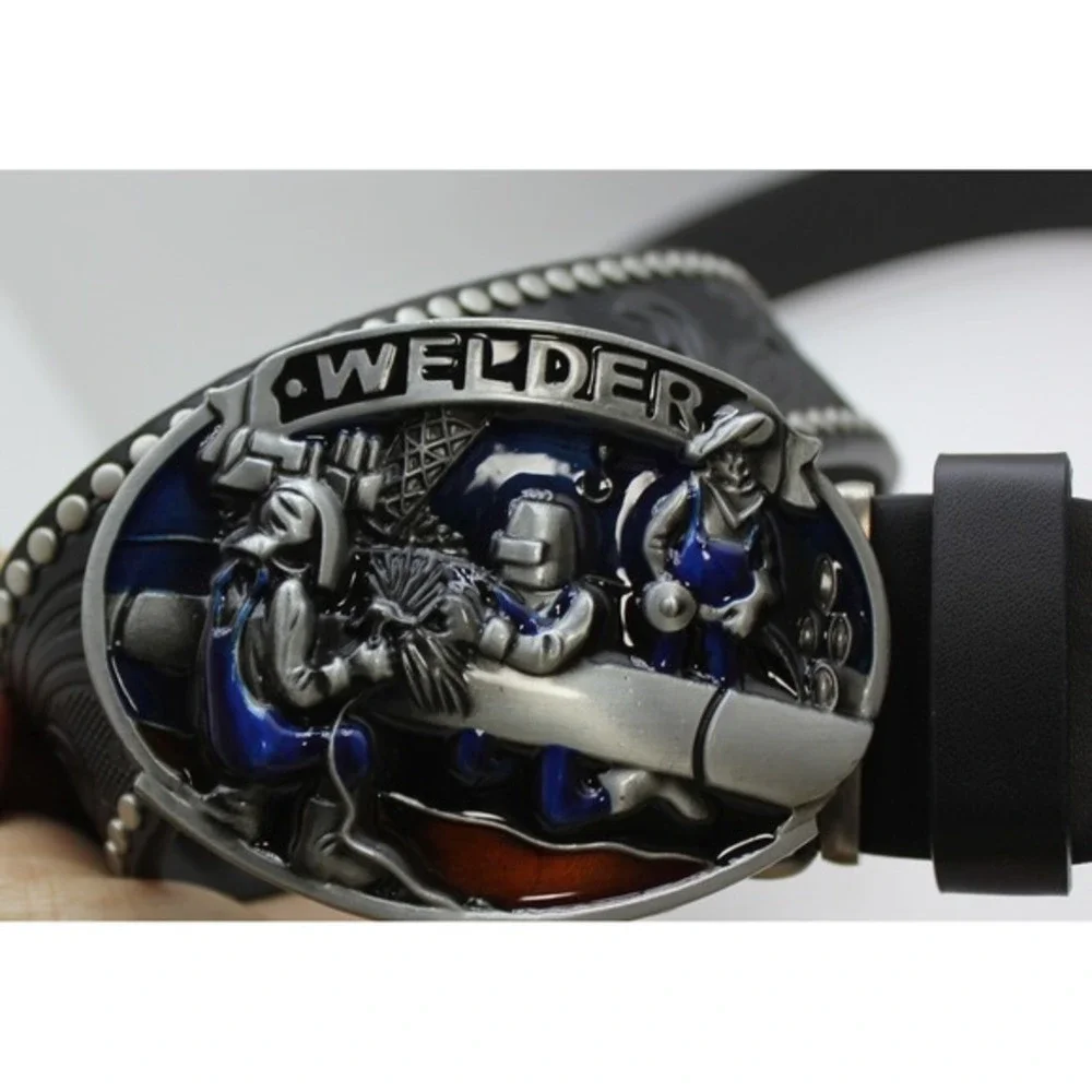 Welder Belt Buckle with Black Studded Floral Embossed Western Strap Mens